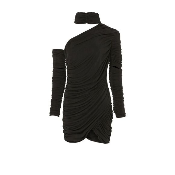 Aliette Black Ruched One Shoulder Asymmetrical Bodycon Sheath Dress -Altered- 6 - Picture 6 of 16